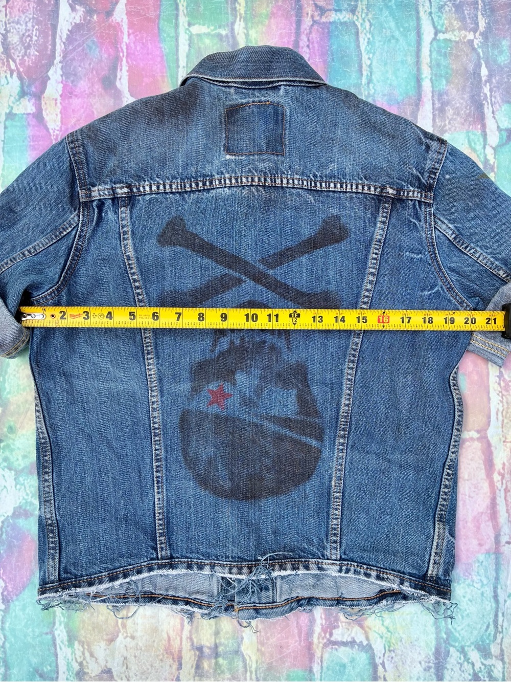 Levi’s Custom Painted Blue Denim Jacket with Skull & Crossbones Graphic